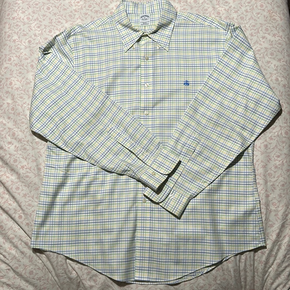 Brooks Brothers Button Up Shirt Size XL, Yellow/Blue/Green plaid.